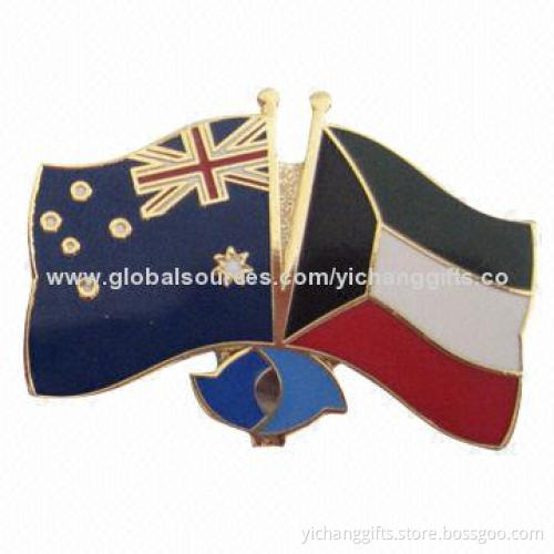 Double Flag Lapel Pin, Enamel Color, Gold Plating, with Magnet on Back, Customized Designs Accepted